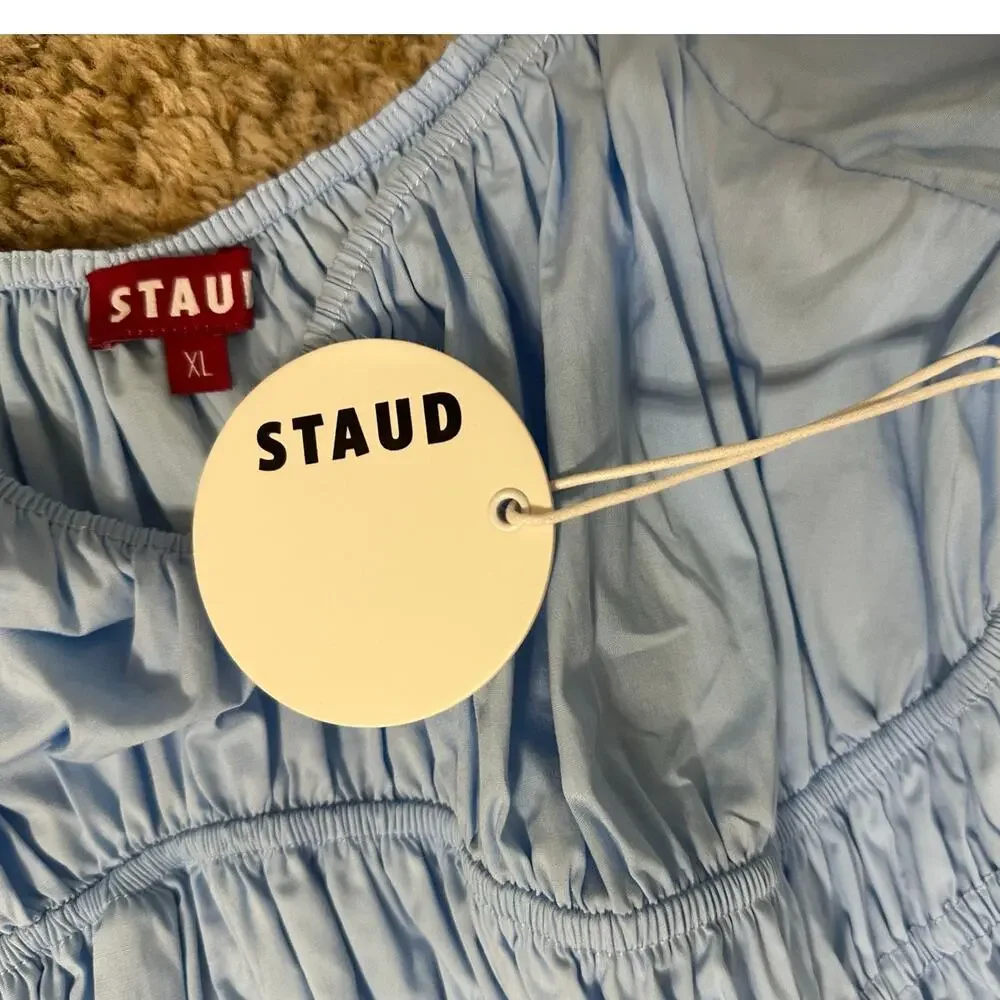 STAUD Blouse Light Blue Faye Gathered Puff-Sleeve Cotton Stretch New